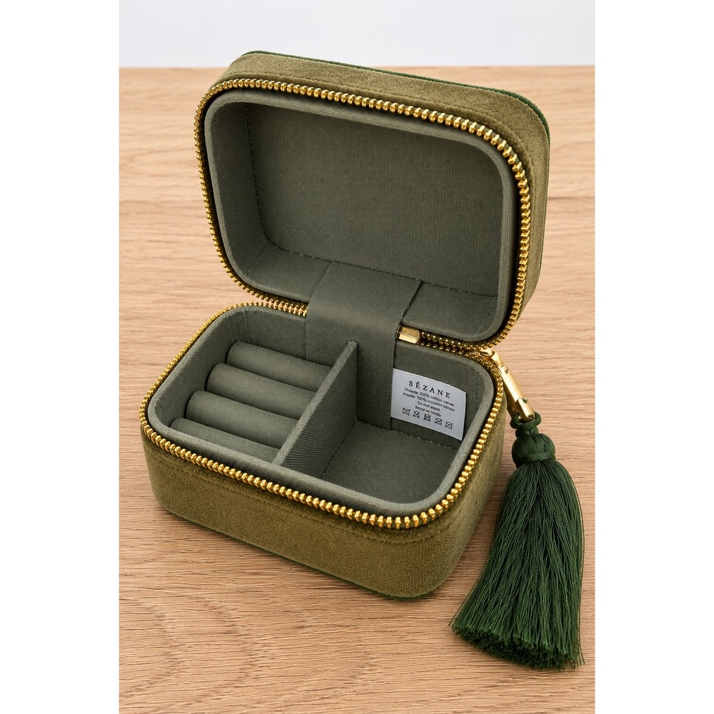 Sezane Jewelry Box Olive Green Cotton Velvet Tassel Zip Travel Case Organizer
